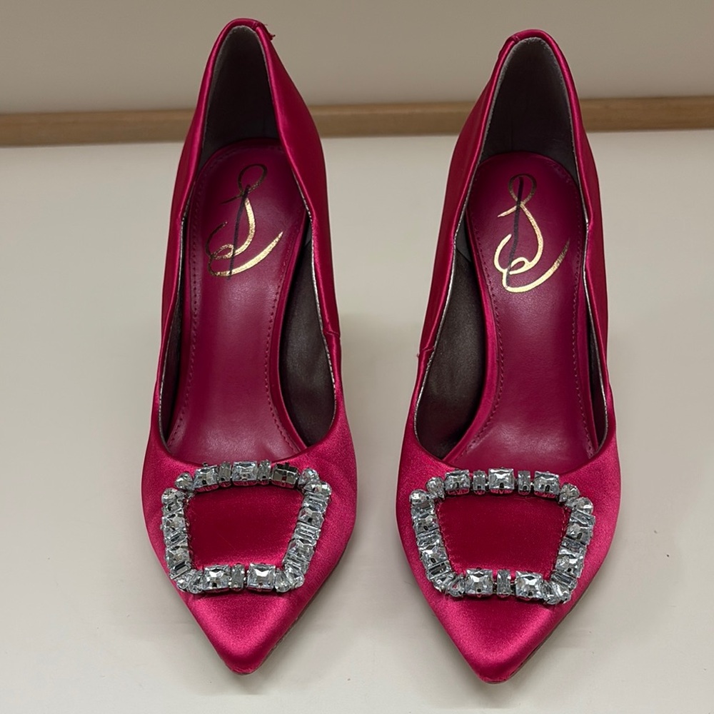 Sam Edelman Hot Pink Satin Heels with Crystal Buckle